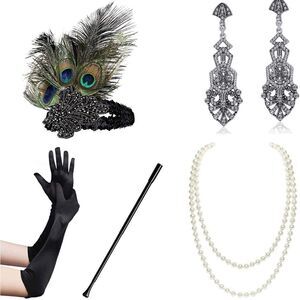 SET OF 5 1920s Flapper Gatsby Headband Earrings Necklace Gloves Cigarette Holder